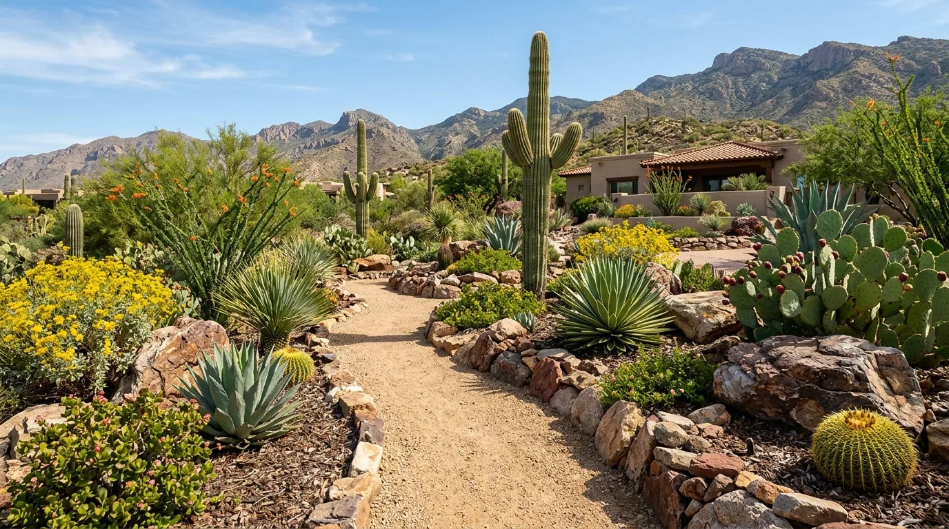 Stunning low-water desert xeriscape garden with native agave, flowering shrubs, and meticulously graded granite river rock gravel under the bright Arizona sun