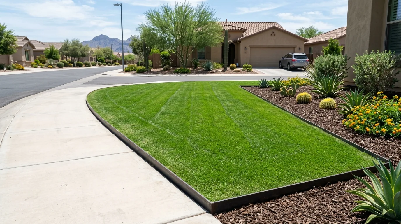 Perfectly manicured green residential grass lawn with crisp mechanical steel-blade borders and clean sidewalk edges in Phoenix, Arizona