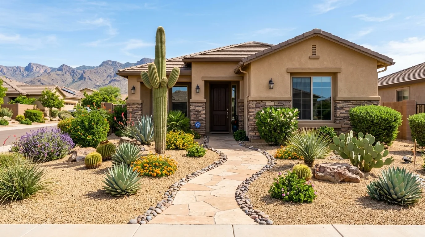 Finished Phoenix home landscape with maintained turf, desert plants, gravel beds, and defined borders