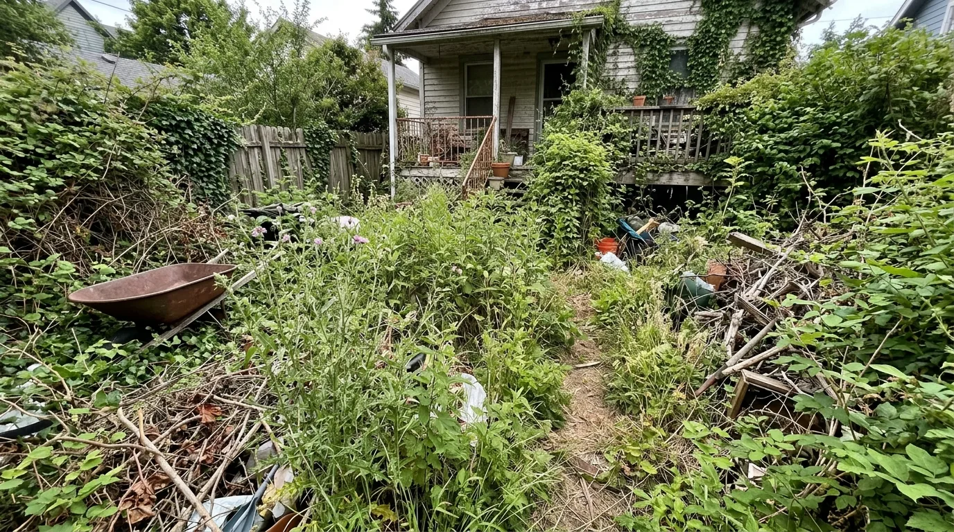 A beautiful backyard garden with dense green trees, a clean pathway, and detailed landscape borders after professional cleanups and weed management