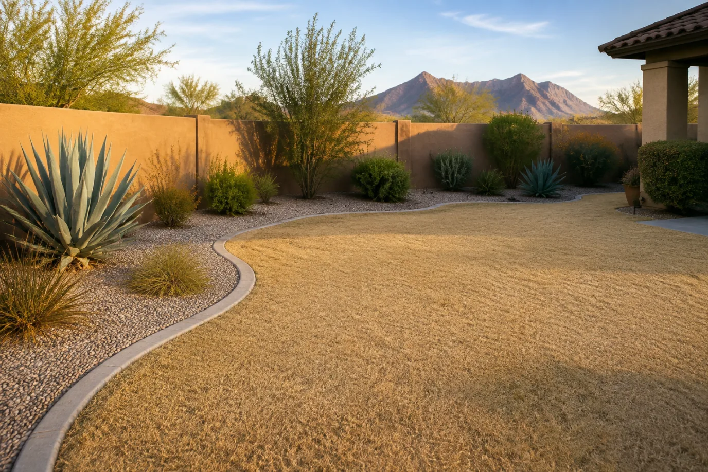 Illustrative Phoenix backyard with a tidy dormant Bermuda lawn and desert planting borders