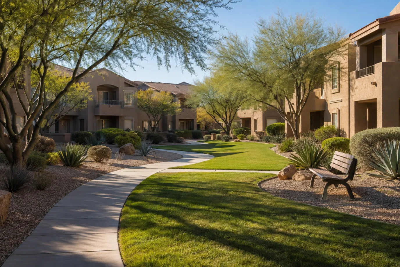 Illustrative Phoenix community common area with desert shrubs, shared turf, and pedestrian paths