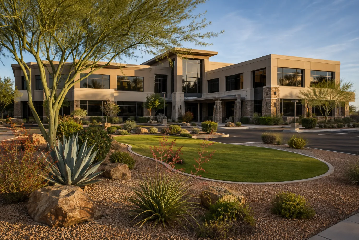 Illustrative Phoenix office complex with landscaped walkways and desert planting beds